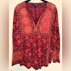 Lucky Brand Red Purple Rust Boho V-Neck Tunic size Large